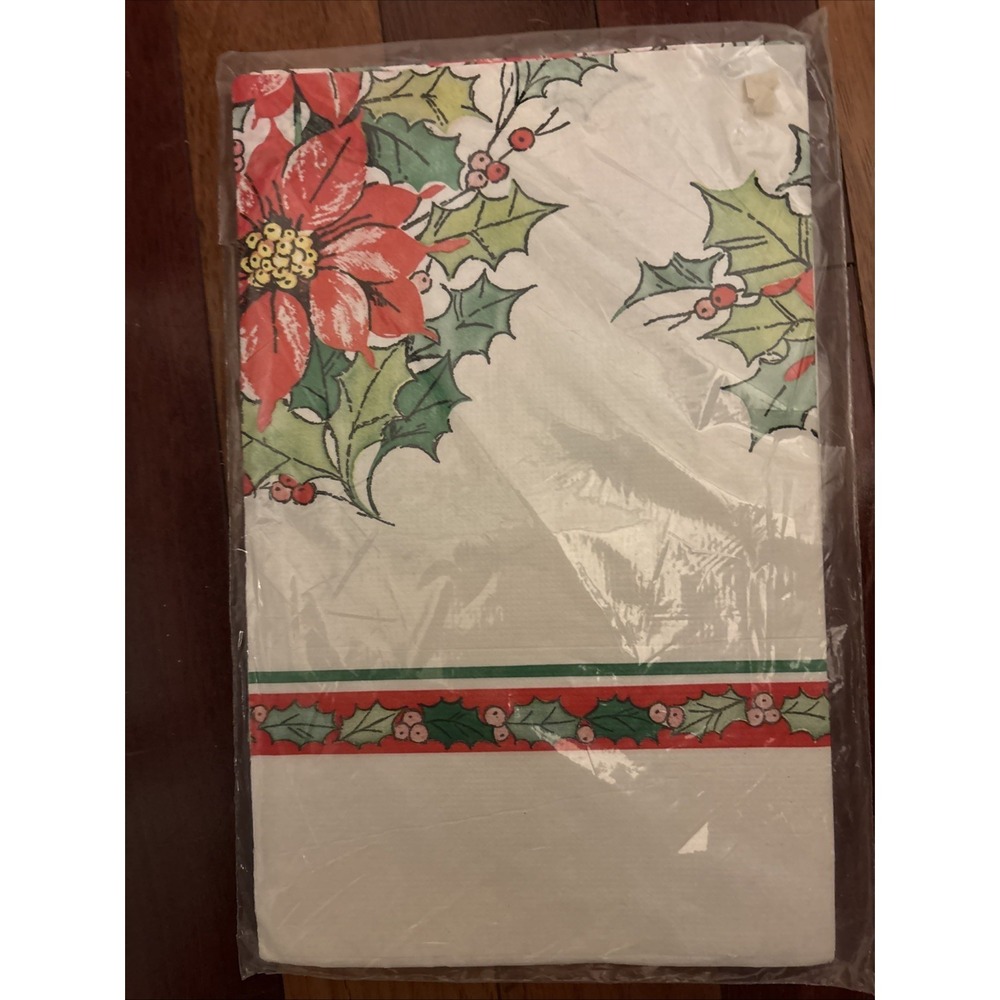 VTG Reed Christmas Table Cover Poinsettia‎ Berries Paper Tablecloth 52" x 96"